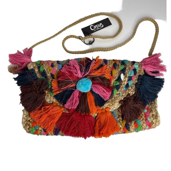 Sam Edelman Circus Jute Crossbody Tassle Fold Over Bag Purse Colorful NEW